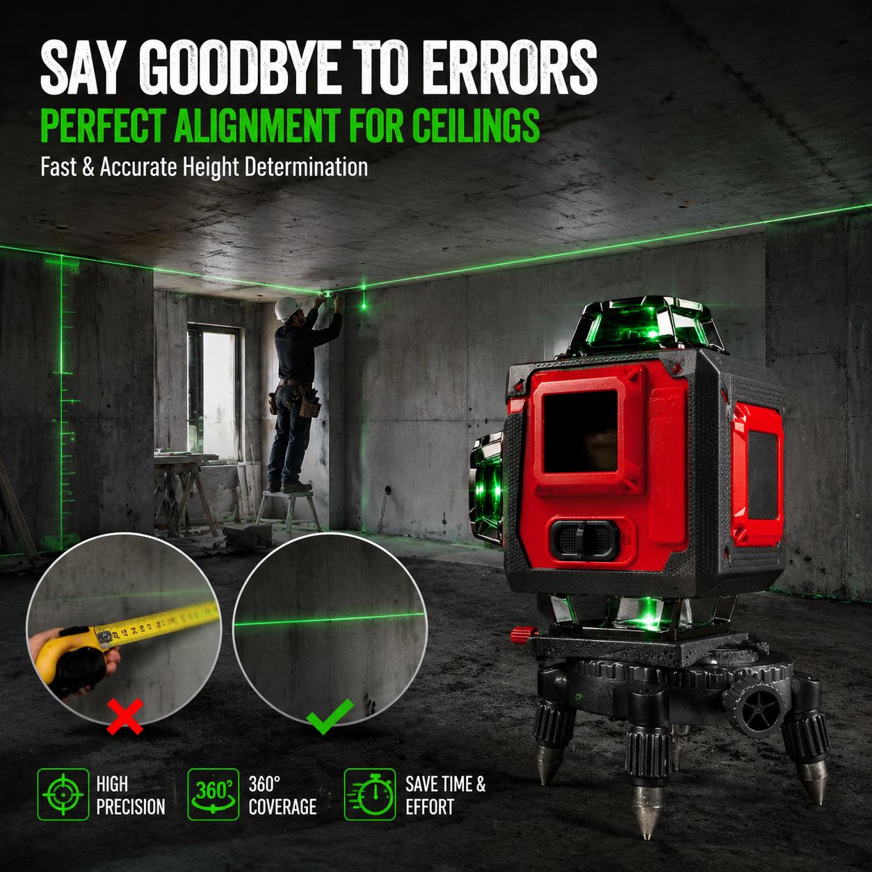 Milwaukee 4D Green Laser Level Tool, 16 Lines of Green Laser, ±4-Degree Self-Leveling System, 6000mAh 2-Battery Pack, Hard Carrying Case, for Carpenters General Construction, High Brightness Measuring Tool, Woodworking Tools