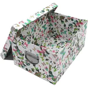Collapsible Storage Box, Decorative Memory Box with Lid & Metal Reinforced Corners, Cardboard File Bin with Handles, Organizer  Box for Keepsake  Photos Office  Wardrobe Bookshelf