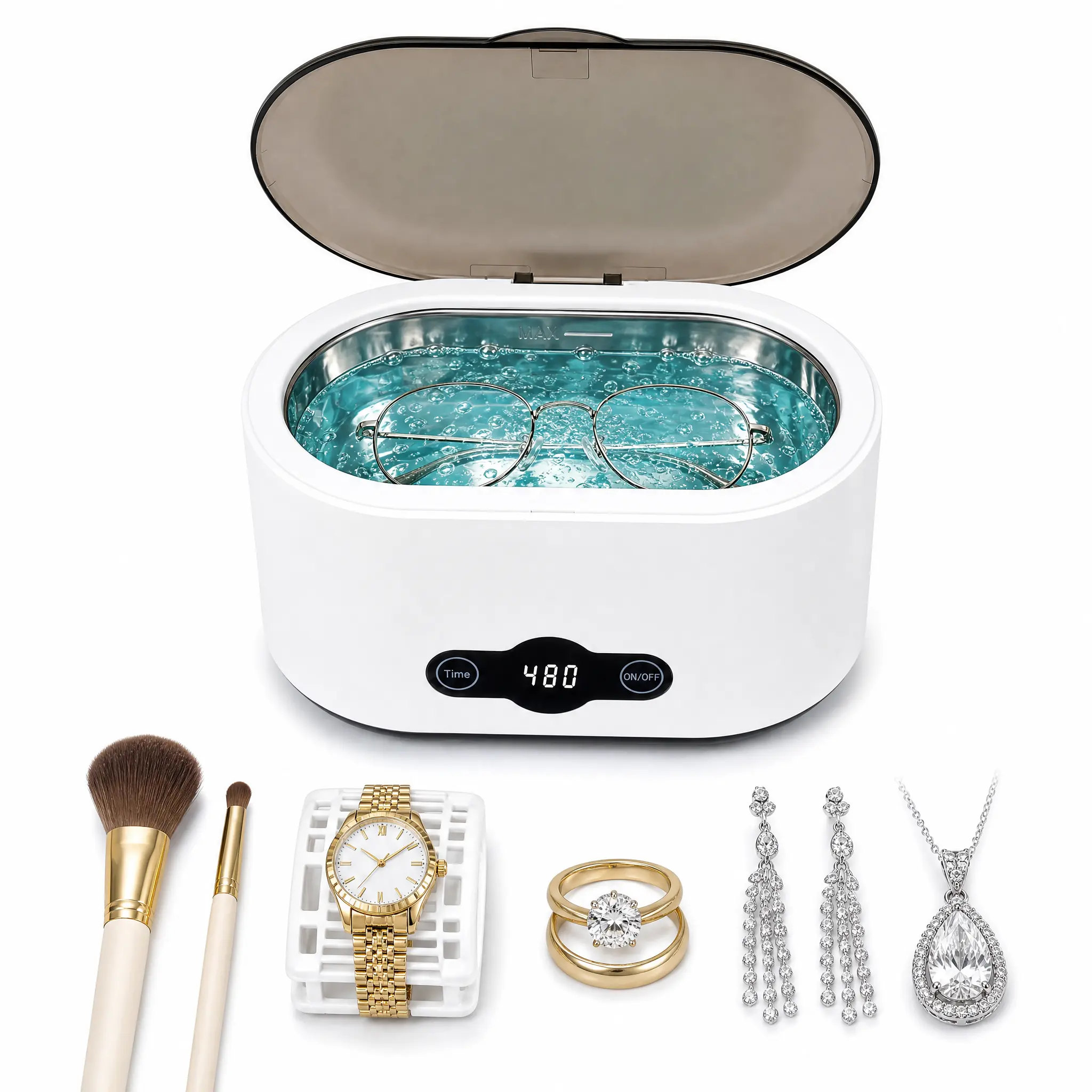 Compact Small Size Ultrasonic Cleaner Machine with 304 Stainless Steel Tank - Fast Deep Clean Sonic Device for Eyeglasses, Rings, Watch Bands, Dentures, Retainers, Coins, Makeup Tools, Small Metal Parts - Home Use ( Travel Compatibility)