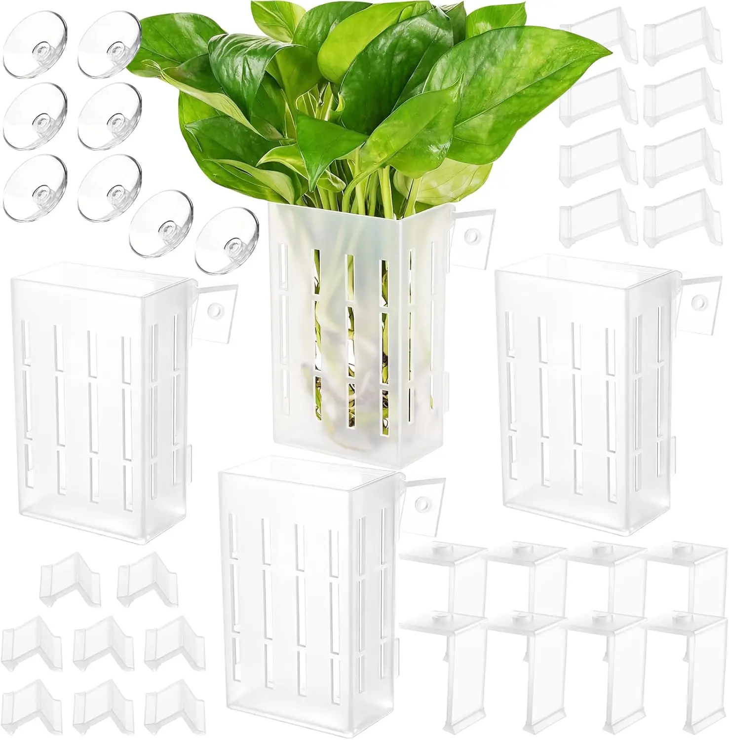 Semitransparent Upgraded Large PP Plastic Aquarium Plant Holder with Hooks, Suction Cups, Root Protection, Slit Holes for Fish Tank Aquascaping, Aquaponic Cultivation Decorations (Boosts Water Flow), Corrosion Resistant