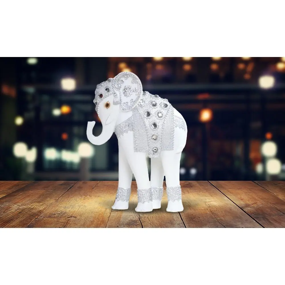 7"H Standing Long Legged Elephant with Decorative Gem Statue Slim Elephant in Silver Feng Shui Decoration Figurine