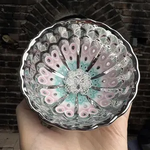 Glam Peacock Pattern Porcelain Bowl Iridescent Silver Pastel Art Piece for Elegant Home Decor with Detailed Feathers and Sparkling Finish