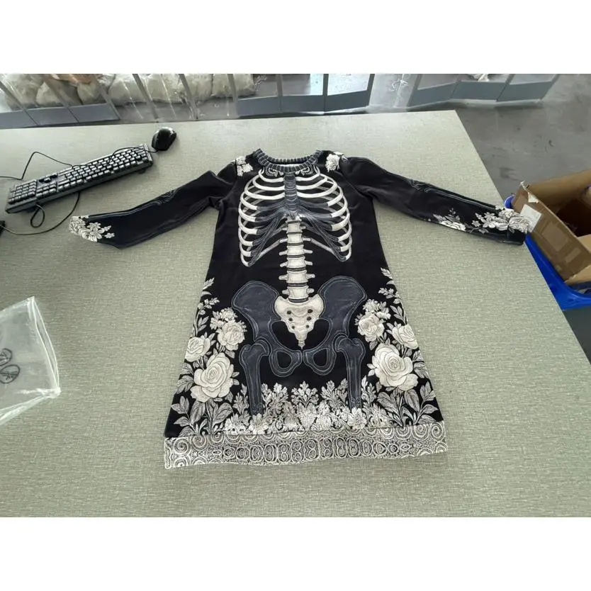 Women's Realistic Skeleton Print Long Sleeve Full-Length Dancewear Dress - Soft Fabric, Comfortable Fit, Plus Sizes Up to 3XL, Halloween Cosplay Costume, Party Wear, Realistic Bones
