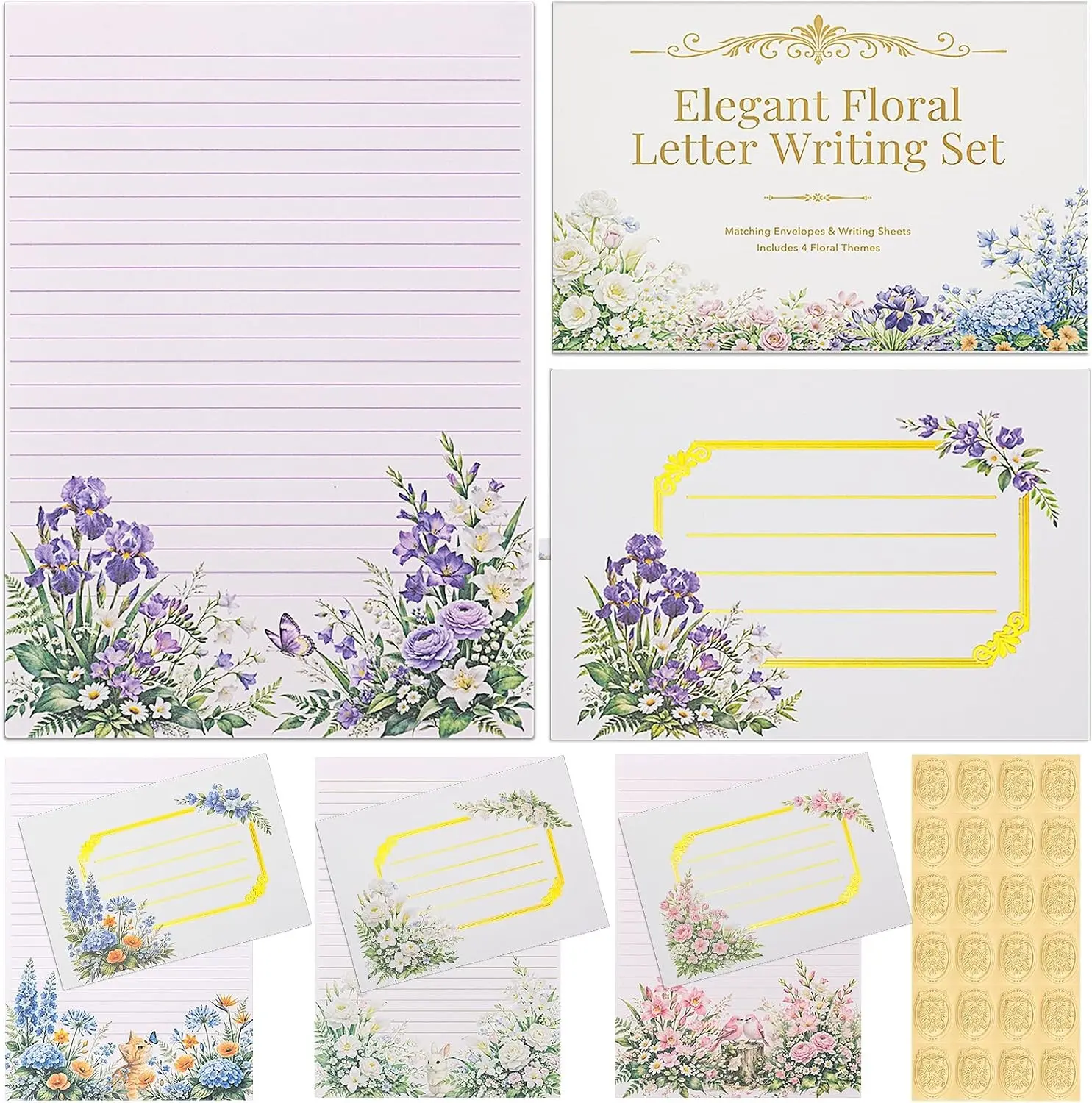 Elegant Floral Stationary Set Letter and Envelopes with 4 Unique Designs, Lined Letter Writing Stationery Paper and Envelopes Set, Letter Writing Kit, Cute Stationery Set for Women