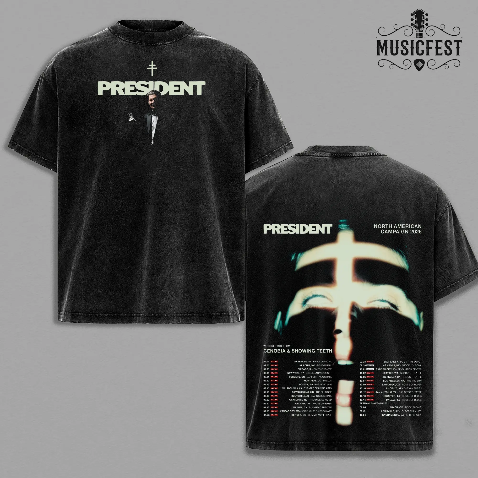 President North American Campaign 2026 Tour Merch, Vintage Goth Rock Post Punk Inverted Cross Blurred Face Graphic, Acid Wash Tee, Mineral Wash Extra Thick Cotton Blank Luxury Loungewear