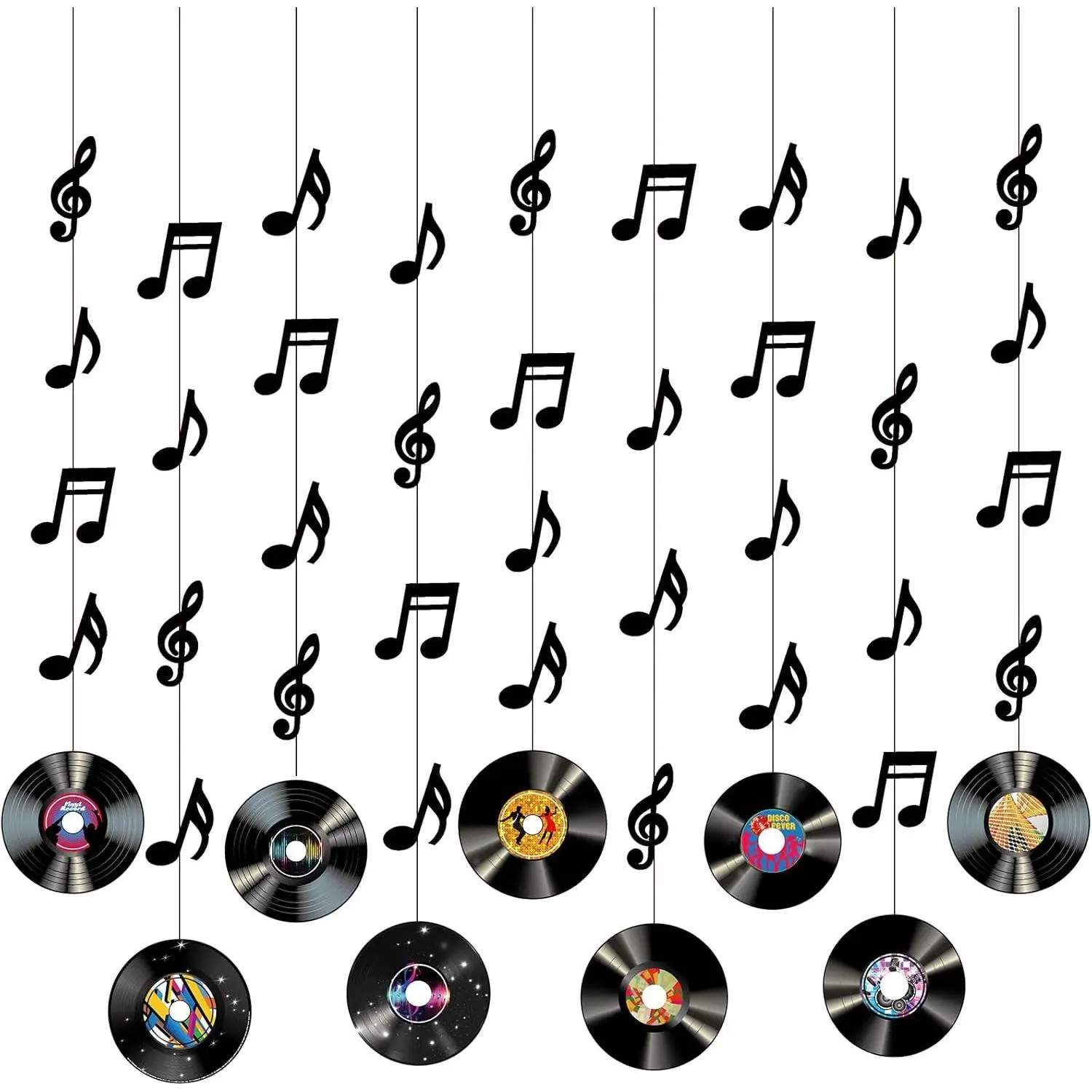 9-Pcs Vintage Black Retro Rock and Roll Party Decorations Set - 31.5 Inches Card Stock Vinyl Records, Music Notes Banners, Hanging Cutouts, Trees, Wall Decor for 50s-70s Music Themed Birthday Parties, Holiday Ornaments, 80 Cm/31.5 Inches