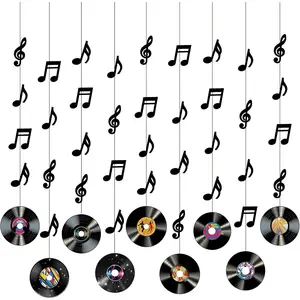 9 Pcs Rock and Roll Party Decorations Retro Record Music Notes Banners Hanging Cutout Ceilings for 50s 70s 90s Music Themed Birthday Party Favor Room Wall Decor Supplies(Black)