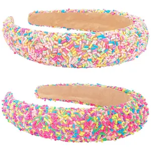 L-HDW124 2 Pack Candy Headbands - Thick Padded Donut Headband for Women & Girls, Cute Sprinkles Wide Non Slip Glitter Birthday Hair Accessories (Pink & Hot Pink)