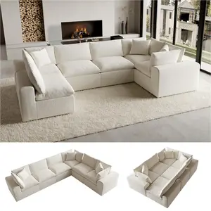 Domiqut 130" Oversized Boneless Cloud Couch, Modular Sectional Couches for Living Room, U-Shaped with Deep Seats, No Assembly Required, 6-Seater Washable Fabric Sleeper Sofa, White