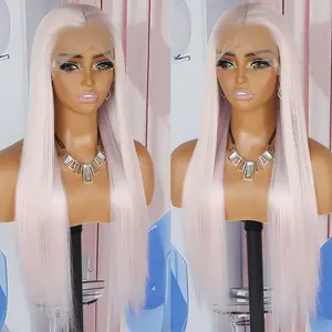 QD-Tizer Ice White Pink Synthetic Lace Front Wig, Pre-Plucked Hairline, 13x4 inch, Long Straight, Medium Density, Heat Resistant Fiber, Glueless for Women