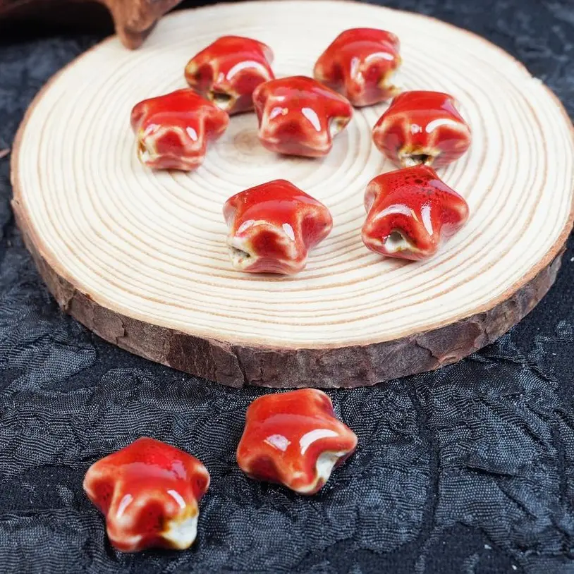 LUMAWU Handmade Craft Porcelain Beads - 10 Pcs, High-Temp Durable, Bright Red Vivid Long-Lasting Color, Star Shape DIY Beading Supplies for Valentine's Day Holiday Jewelry Making