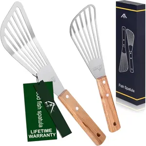 2 count Stainless Steel Wooden Handle Fish Spatula, Metal Spatula Flipping Foods