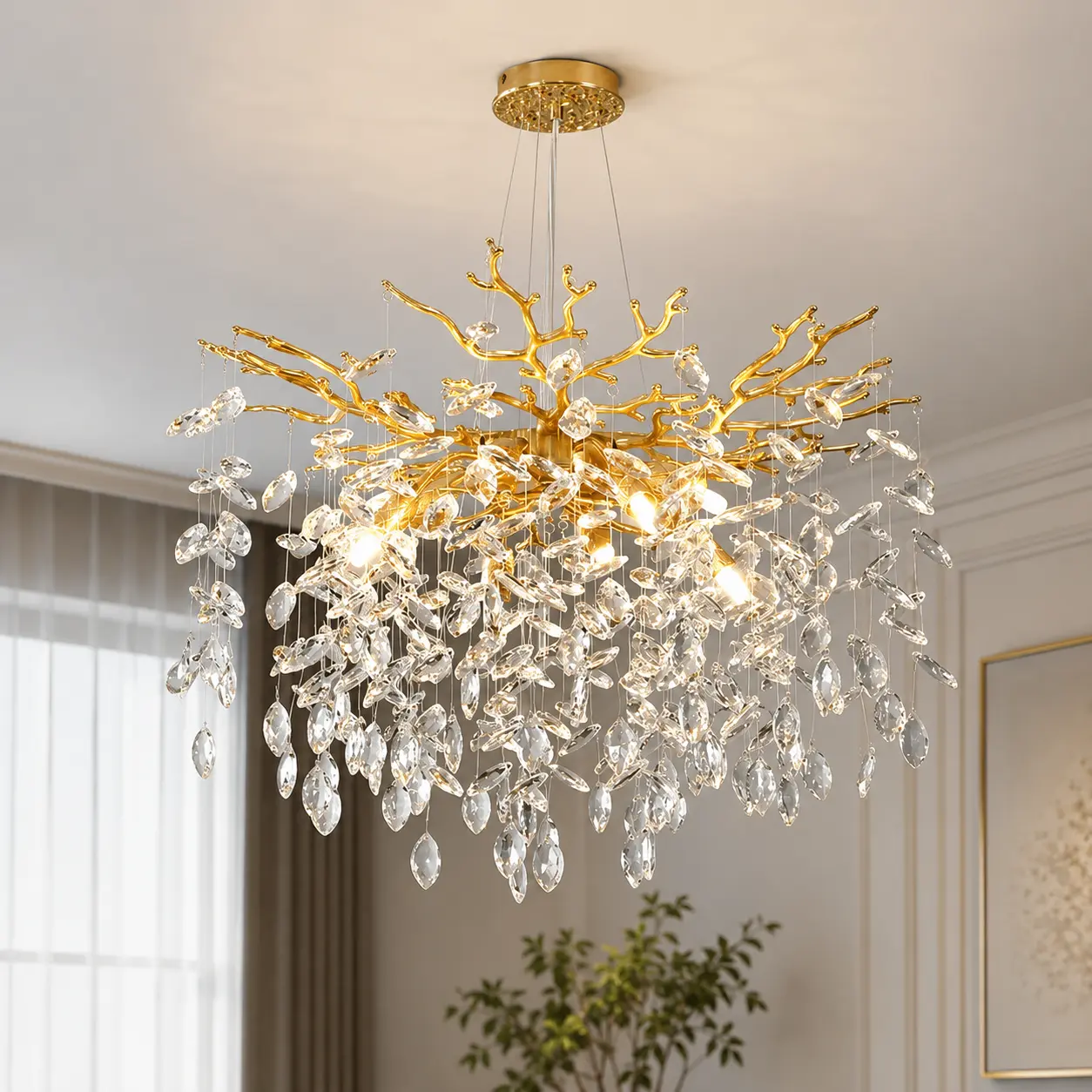 Modern Gold Crystal Branch Shape Chandelier - 23.6 in Luxury 8-Light Indoor Ceiling Light for Dining Room, Living Room, Bedroom