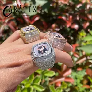 Caratix-Hip Hop Men's Square DIY Photo Ring Exaggerated Copper Inlaid Zircon Electroplated High Quality Hip Hop Ring