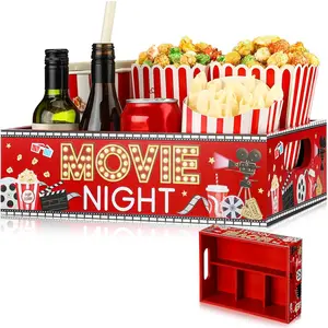 Movie Night Supplies Snack Trays with Handles  Wooden Movie  Basket for Theater Popcorn Bucket Bowl Box Container Family Room Decor(Red,Cute)