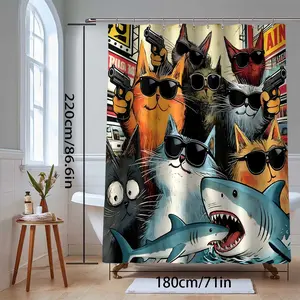 Fun Design Pirate Cartoon Cat Shower Curtain Set, Colored Polyester Fabric, & Durable, Easy Clean Bathroom Decor, Restroom
