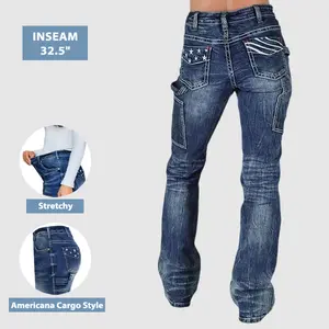 Flamingals Wash Star Embroidery Mid Rise Bootcut Carpenter Jeans Fit Outfit Pants Blue