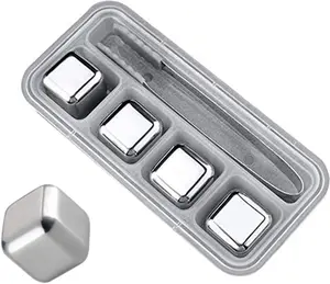4Pcs Stainless Steel Ice Cubes, Reusable Cooling Whisky Rocks Metal Ice Cubes Chilling Stones with Ice Tong & Freezer Storage Tray for Whiskey, Wine, Beer, Juice or Soda