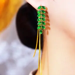 Shiny Elegant and Luxurious Two-Way Wear Green Long Wheat Ear Tassel Earrings, DDES0277 New Unique Design, 14K Gold-Plated