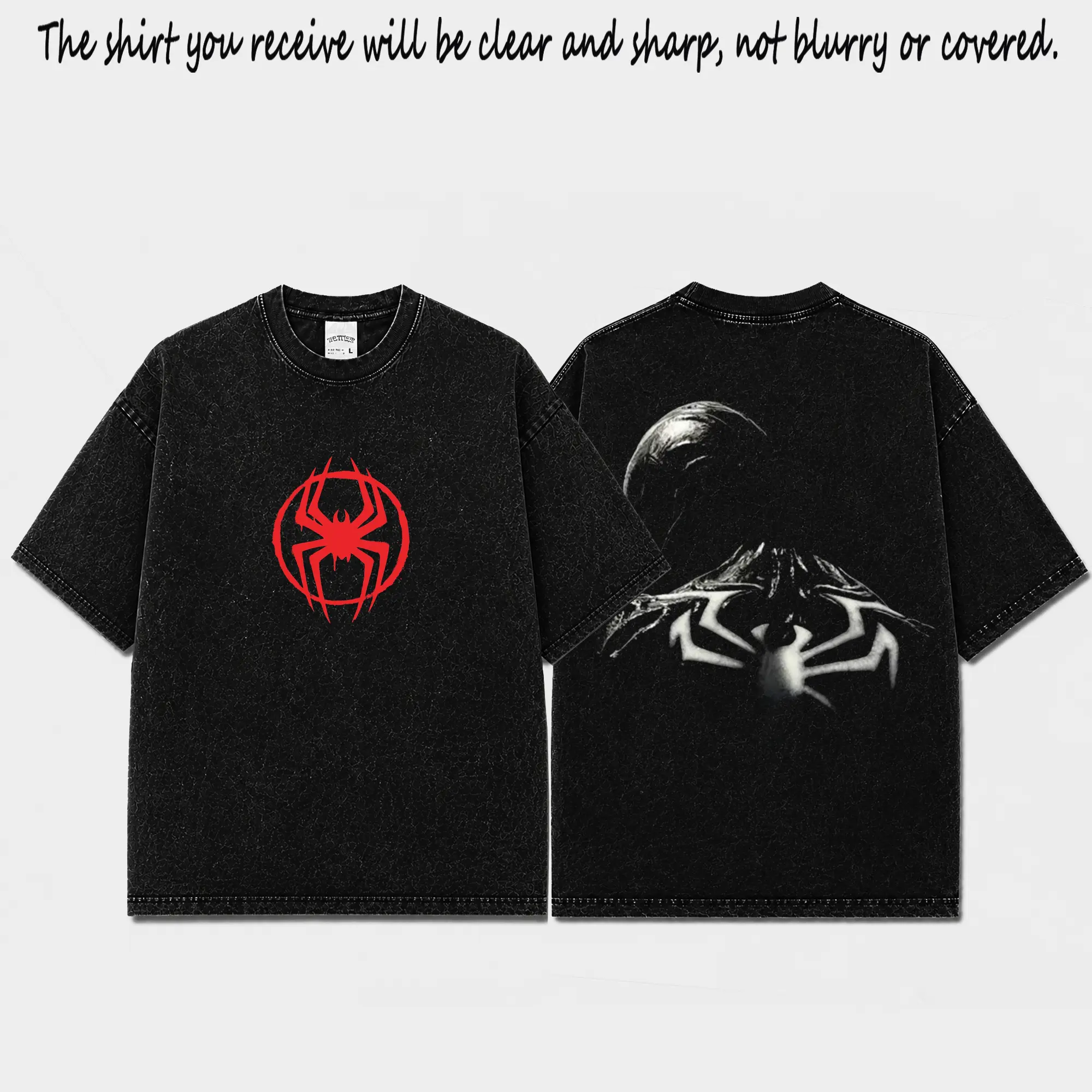 Spidey Inspired Acid Wash Black Oversized T-Shirt, Premium Cotton Red Spidey Logo Graphic Tee, Front Back Dark Hero Print Shirt, Minimal Gothic Streetwear Top, Gift For Comic Fans Men Women