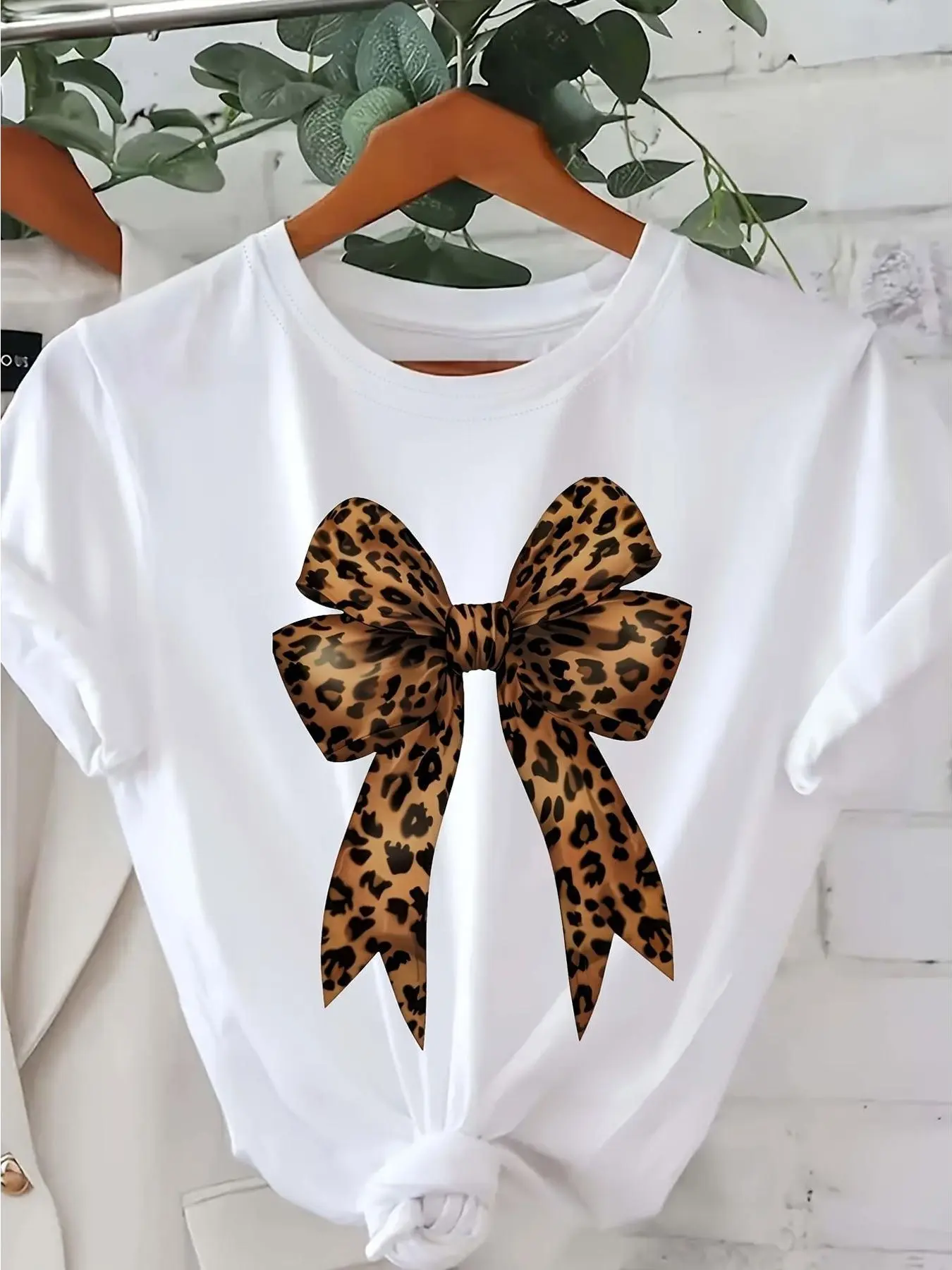 Cotton Short Sleeve  T-Shirt's Casual Leopard Print Bowknot T-Shirt - Short Sleeve,Soft & Comfortable Fabric,  Stylish Bow Design, Casual Wear| Playful Graphic Tee| Stylish Graphic Prin Top White Summer Crewneck Womenswear Collar