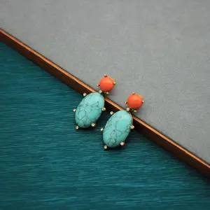 Medieval Style Intricate Earrings Imitation Turquoise Gemstone Drop Earrings Hong Kong Retro Style 925 Silver Needle Fashion Accessories