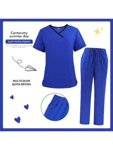 High Quality Pet Doctor Nursing Grooming Costume Set Unisex V Neck Short Sleeve Top with Elastic Waist Pants Pet Dentist Workwear Veterinary Work Clothes