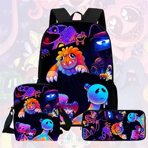 The Poppy Playtime Neon Cartoon 3-Piece Backpack is made of durable 600D Oxford cloth and features adjustable, breathable shoulder straps, making it suitable for children and teenagers for school, travel, and outdoor activities.