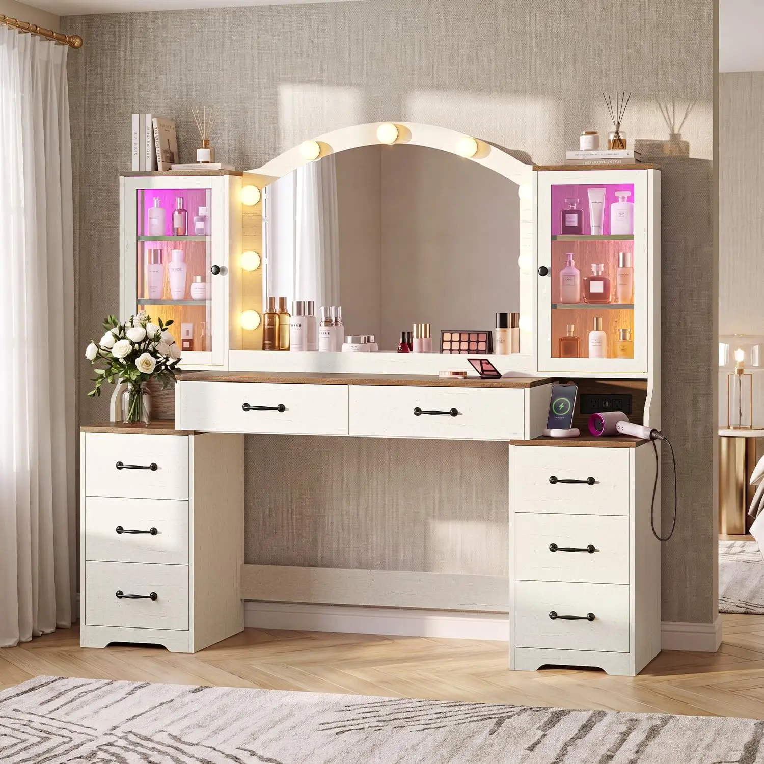 Hauoms 59.1" Large Vanity, Farmhouse Western Vanities Desk with Mirror and Lights | Charging Station, Sound Sync LED Lights, Chasing LED Lights Dressing Table, 8 Drawers, Rustic Makeup Vanity for Girls, Women