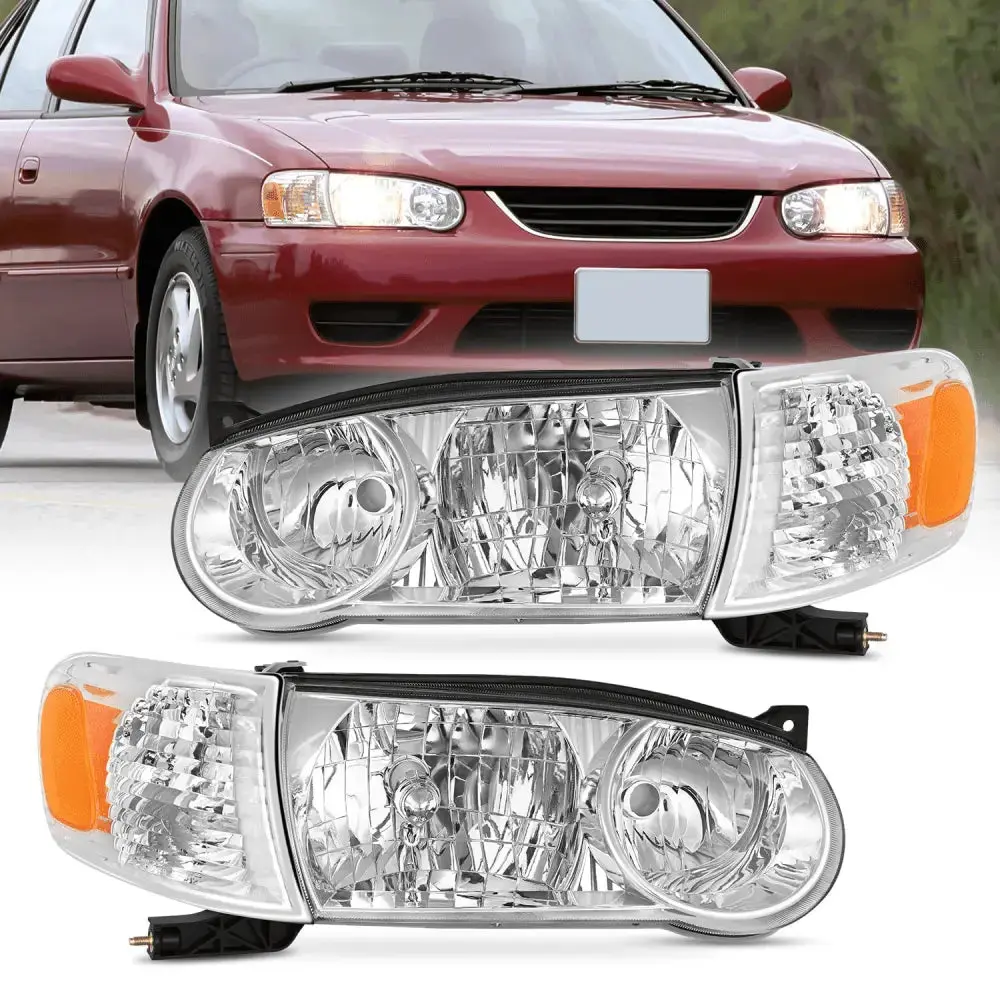 Nilight LED Headlight Assembly Pair Set for 2001-2002 Toyota Corolla (Driver & Passenger Side), Chrome Housing, Amber Reflector, HB3 Bulb, Waterproof, Adjustable, Easy-Install LED Lights, OE Replacement, Shock Resistant for Night Drive, Car Lighting