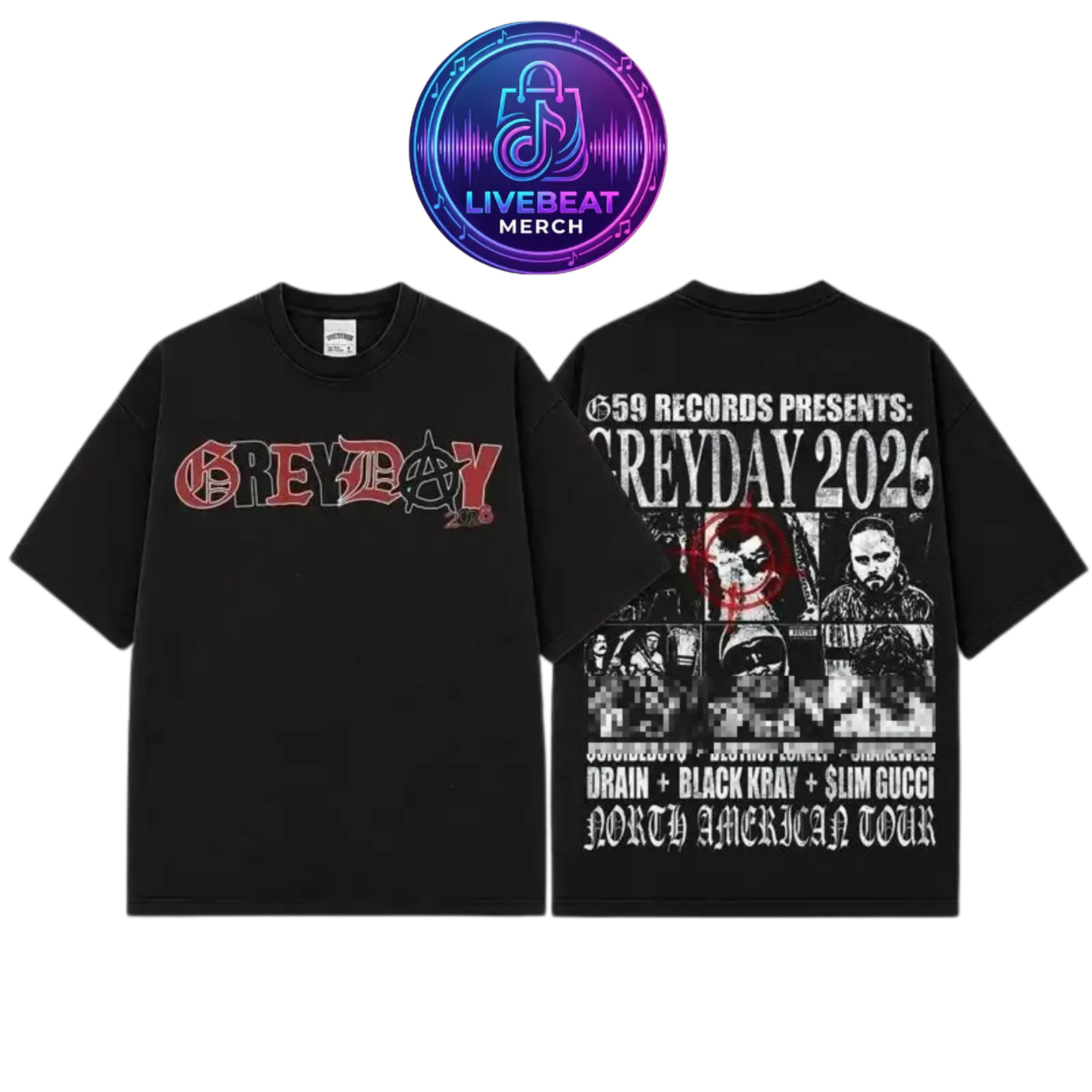 [Free Ship] Greyday 2026 Black T-Shirt Ver 3, Grey Day 2026 North American Tour Tee, G59 Destroy Lonely Graphic Top, Retro Hip Hop Rap Merch