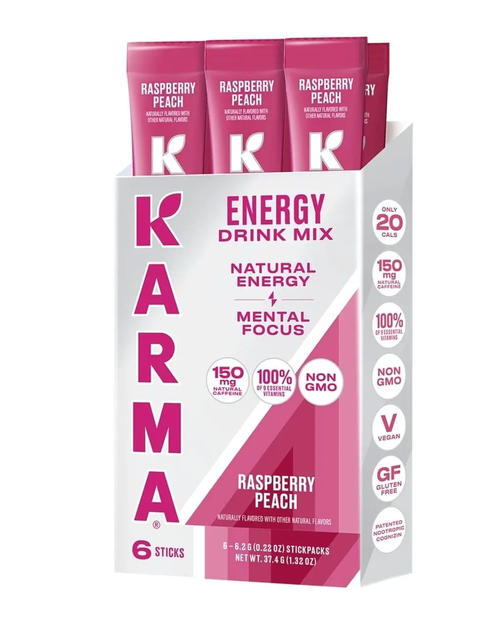 Karma Energy Hydration Packets – 6 Pack, Raspberry Peach Drink Mix with Cognizin® Nootropics, Vitamins & Immune Support, Low Calorie