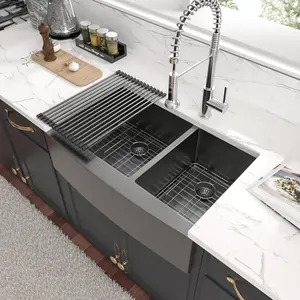 Sarlai 33 x 21 Inch Gunmetal Black Farmhouse Undermount Kitchen Sink 60/40 Double Bowl  Undermount Kitchen Sink 16 Gauge Stainless Steel Sink tiktokshopspringglowup