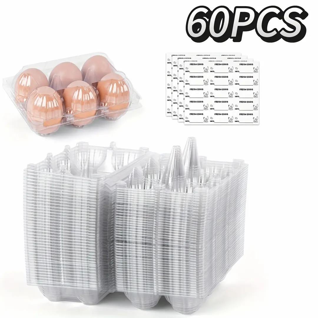 60pcs Plastic Egg Cartons, 6-cavity Bulk Clear Plastic Egg Holders with 4 Labels Sticker, for Home Ranch Chicken Farm Commercial Market Display, Perfect for Father's Day Gift, Birthday Party, Family Gatherings, Kitchen Storage, Refrigerator Egg Rack
