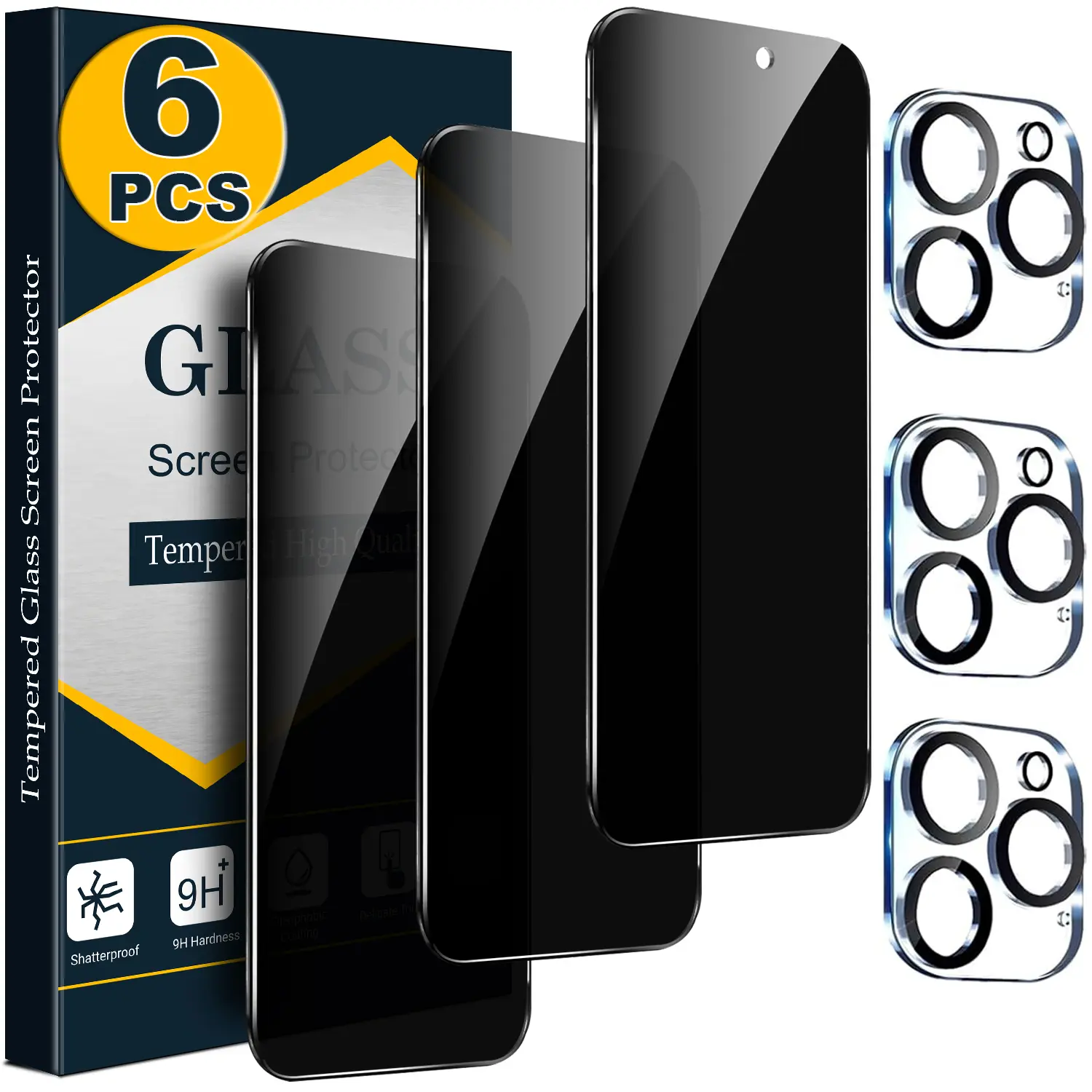 [6 PCS Set] - 3 Privacy Anti Spy Screen Protectors with 3 Camera Lens Protectors for iPhone 17 16 15 14 13 12 11 Pro Max,  Tempered Glass Film, Bubble Free, Case Friendly