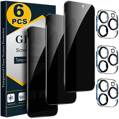 [6 PCS Set] - 3 Privacy Anti Spy Screen Protectors with 3 Camera Lens Protectors For iPhone 18 17 16 15 14 13 12 11 Pro Max Duo Plus Air, Anti Spy 9H Tempered Glass, Anti-Scratch, HD Clear Camera Protection, Case Friendly