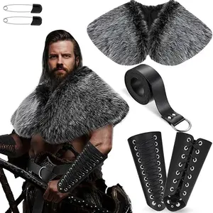 4pcs Halloween Viking Costume Set, Faux Fur Collar, Belt, PU Leather Wristband, Unisex Cosplay Accessories, No Battery Included