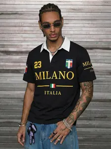 Men's Milan Vintage Colorblock Polo Shirt, 23 Number Badge Design, Italian Football Style Collar Short Sleeve, Streetwear Casual Top