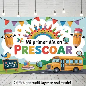 1PC,2D Flat Backdrop Back to School Decor Backdrop, Preschool First Day Theme Party Decoration Prop, Cartoon School Bus Pencil Rainbow Pattern, Photo Background Banner for Classroom Activities