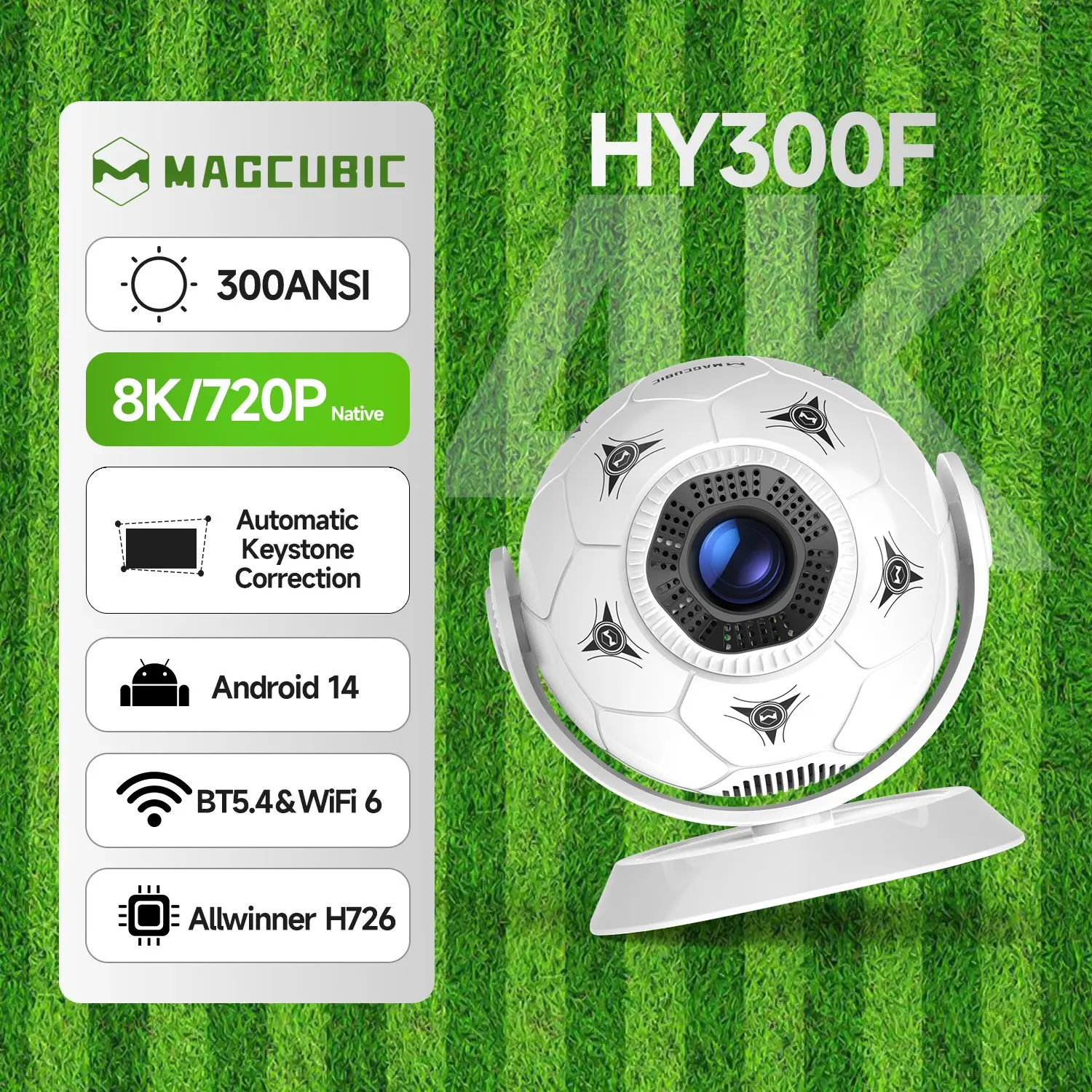 Magcubic 2026 HY300F Projector 300 ANSI Lumens 8K Decode Android 14.0 Auto Keystone Dual WiFi6 BT5.4 Allwinner H726 0.9:1 Throw Ratio Wireless Portable Home Cinema, Audio, The Perfect Football Fan Gift Soccer #SummerFinds #DealsForYouDays