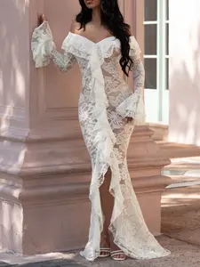 Women's Fashion Sexy Lace V-Neck Long Sleeve Bodycon Dress, Elegant Evening Gown, Perfect for Special Occasions, Stylish and Chic