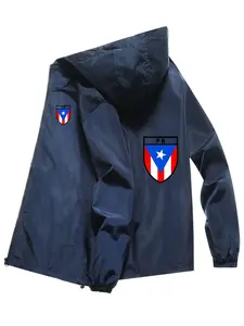 Men's Fashion Jacket with Puerto Rico Letter Print, Casual Hooded Design, Zip Pockets, Polyester, Spring & Fall Outerwear
