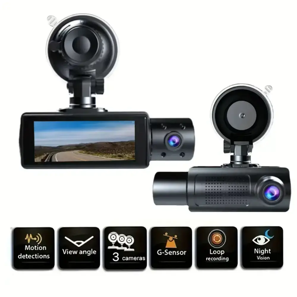 HOEMYER 3 Channel Car DVR Dashcam Front Inside Rear, Automotive Dashcam with Collision Loop Recording, No App Truck Dash Camera Always Plugged into Car Charger, Right Coverage Car Vibes Halloween Christmas Gift