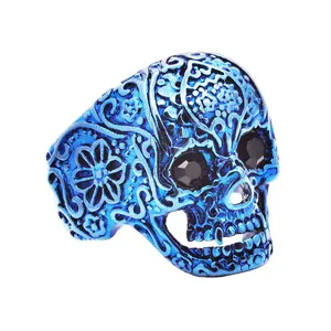 Men's Blue Stainless Steel Skull Ring With Black Cubic Zirconia