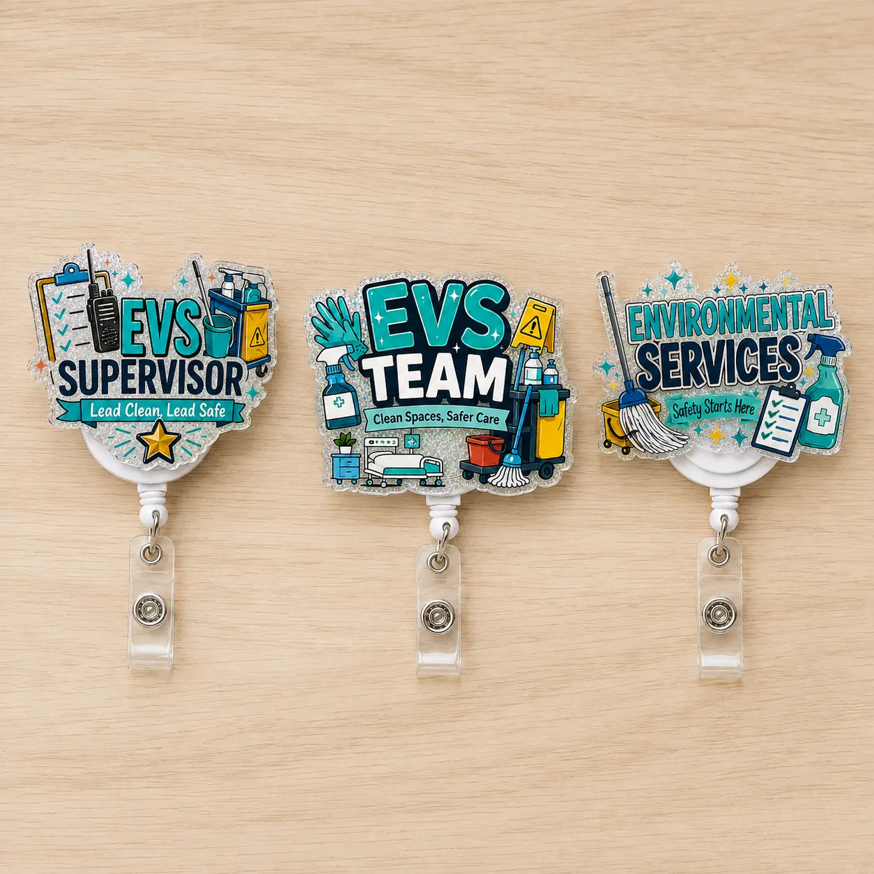 Badge Reel for Environmental Services Staff EVS, Holographic Glitter Acrylic Retractable ID Badge Holder, Hospital Housekeeping Appreciation Gift