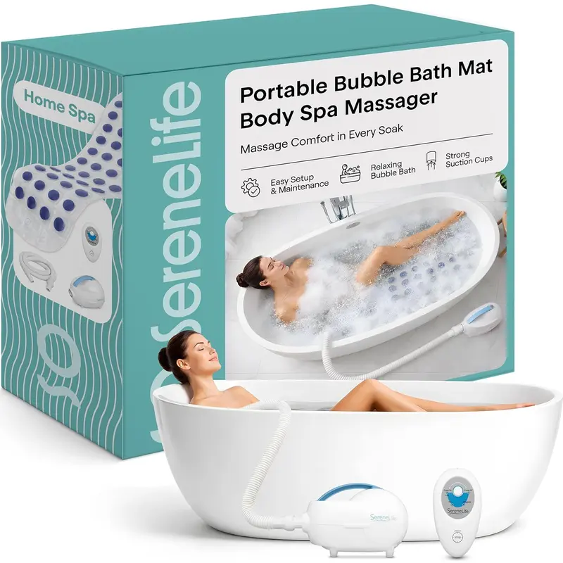Portable Bubble Bath Mat | 47-Inch Body Massager Mat with Motorized Air Pump, Adjustable Bubble Settings, Aroma Clip, Soft Cushioned Non-Slip Suction Cup Mat & Wireless Remote Control - Home Spa Essentials