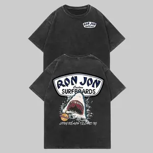 Unisex Ron Jon Surfboards Shark Graphic T Shirt Vintage Washed Heavyweight Cotton Oversized Tee Long Beach Island NJ Great White Retro Surf Beach Aesthetic Grey Acid Wash Mineral Men Women Unisex Skater Coastal Grunge Trendy Summer Outfits Gifts TikTok