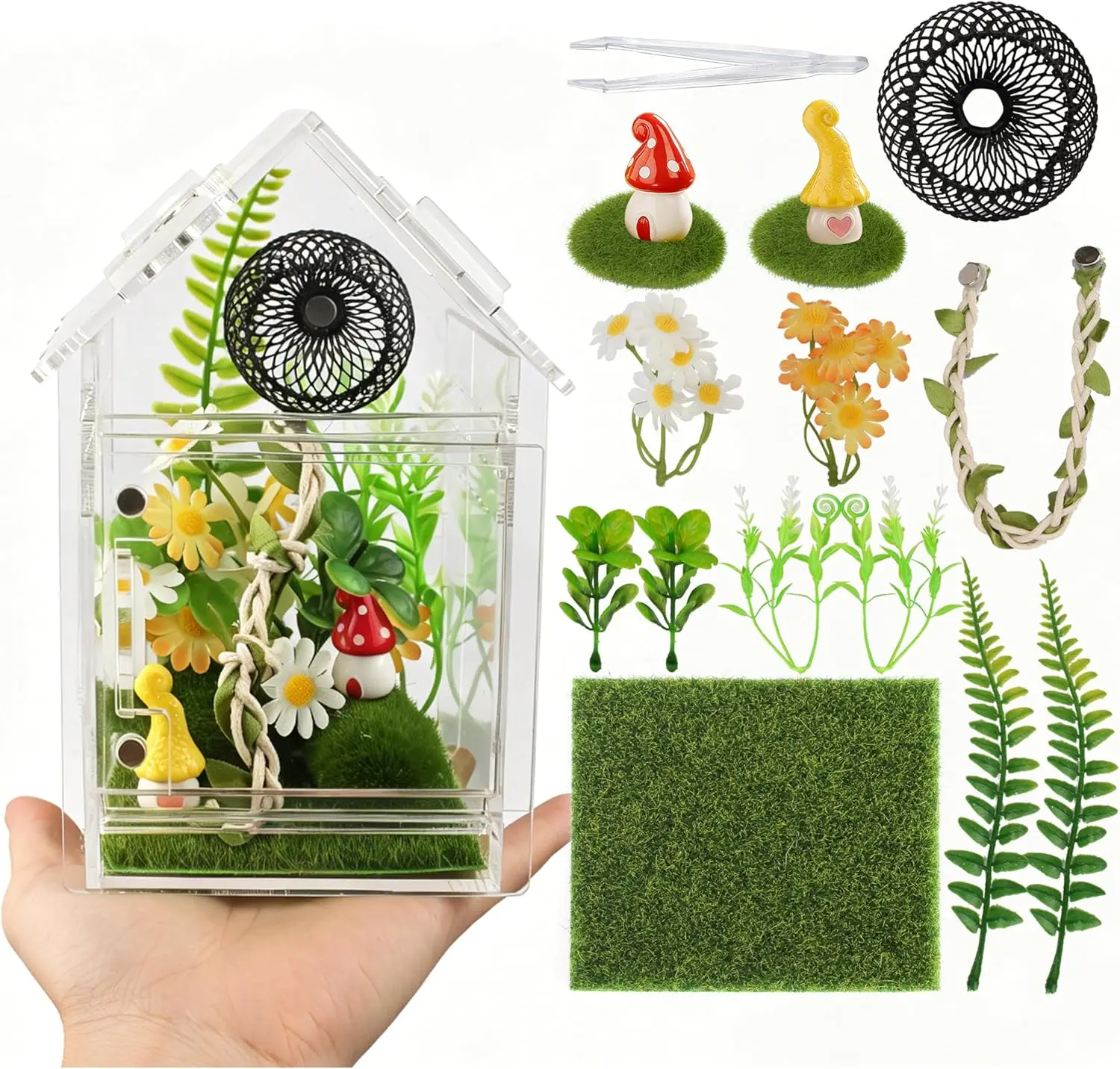 Praying Mantis Enclosure Kit - Acrylic Glass Terrarium with Magnetic Lock, Arboreal Reptile & Amphibian Habitat, Small Terrariums & Shipping Supplies, Includes Decor, Substrate, Tool