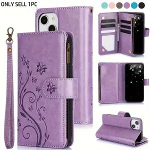 PU imitation leather wallet protective case with butterfly flower design, with zipper, suitable for various models of iPhone, including 17 Pro Max 17 Air 16E、16、15、14、13、12 Mini、11 Pro、X、XS Max、XR、8、7 Plus、SE, Pu Leather Cover