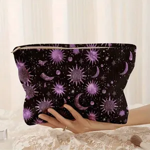 Stylish Moon & Star Print Corduroy Makeup Bag, Lightweight Travel Cosmetics Organizer, Secure Zipper Closure, Spacious Interior, Makeup Storage Bag, Makeup Organizer Pouch